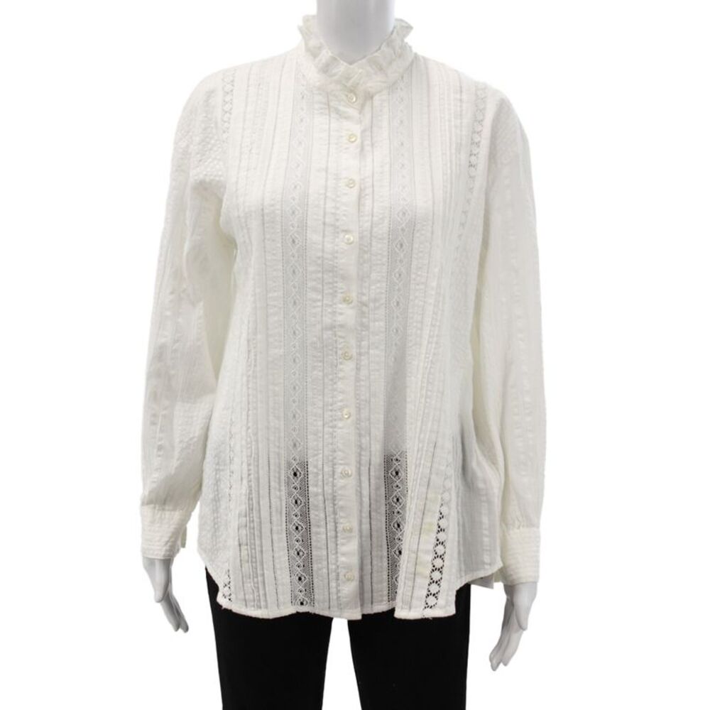 Hartford Womens White Cotton High Neck Button Up Blouse Long Sleeve Size 1